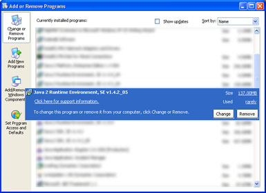 Add/Remove Control Panel: Remove Java Runtime Environment