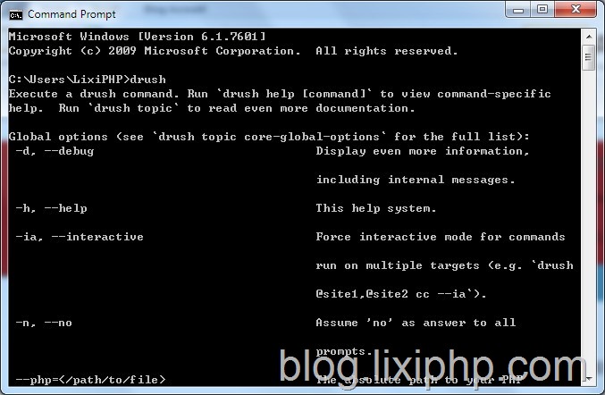 Windows_install_Drush 在Windows CMD输入Drush 后执行命令并显示帮助信息