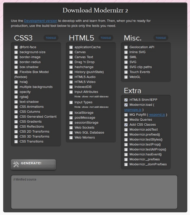 Modernizr 下载页面允许你仅选择那些你需要的功能 